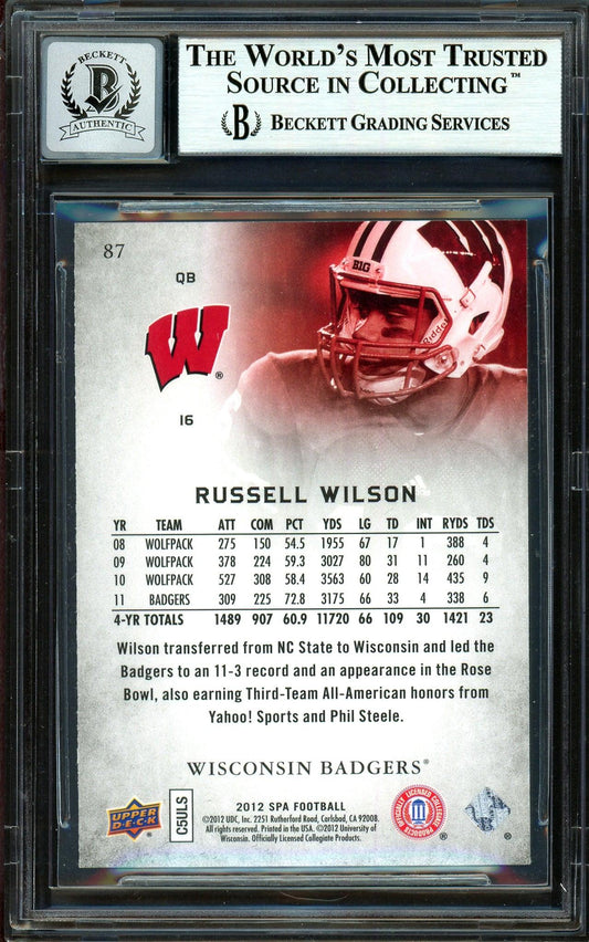 Russell Wilson Autographed 2012 SP Authentic Rookie Card #87 Seattle Seahawks Auto Grade Gem Mint 10 Beckett BAS #13315360