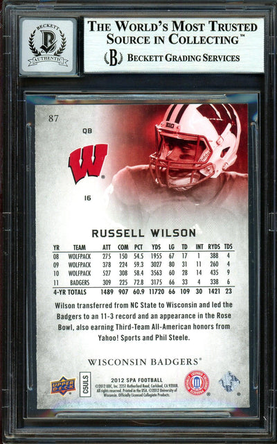 Russell Wilson Autographed 2012 SP Authentic Rookie Card #87 Seattle Seahawks Auto Grade Gem Mint 10 Beckett BAS #13315360