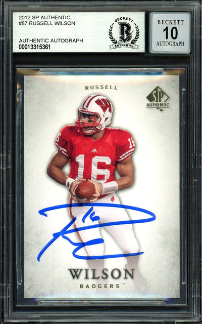 Russell Wilson Autographed 2012 SP Authentic Rookie Card #87 Seattle Seahawks Auto Grade Gem Mint 10 Beckett BAS #13315361