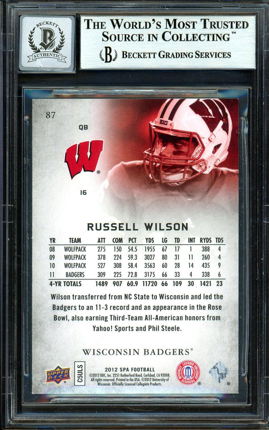 Russell Wilson Autographed 2012 SP Authentic Rookie Card #87 Seattle Seahawks Auto Grade Gem Mint 10 Beckett BAS #13315361