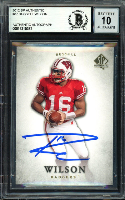 Russell Wilson Autographed 2012 SP Authentic Rookie Card #87 Seattle Seahawks Auto Grade Gem Mint 10 Beckett BAS #13315362