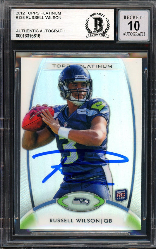 Russell Wilson Autographed 2012 Topps Platinum Rookie Card #138 Seattle Seahawks Auto Grade Gem Mint 10 Beckett BAS #13315616