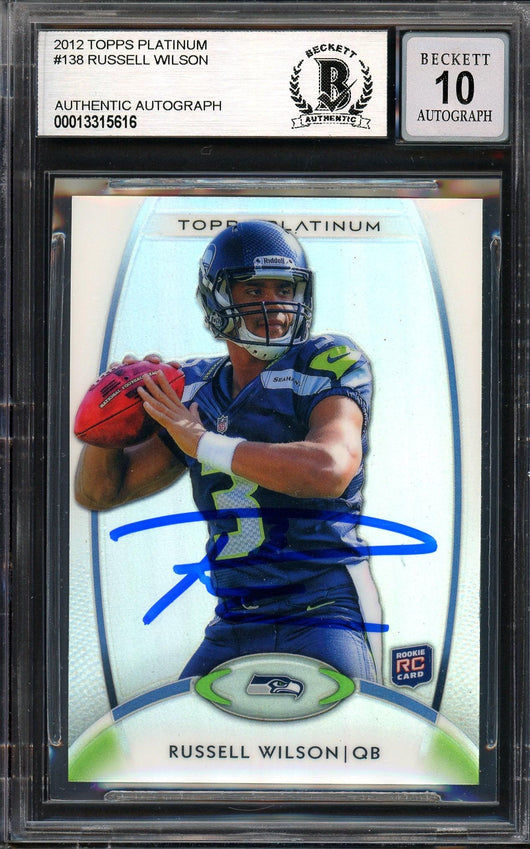 Russell Wilson Autographed 2012 Topps Platinum Rookie Card #138 Seattle Seahawks Auto Grade Gem Mint 10 Beckett BAS #13315616