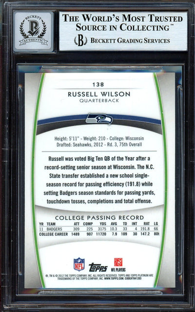 Russell Wilson Autographed 2012 Topps Platinum Rookie Card #138 Seattle Seahawks Auto Grade Gem Mint 10 Beckett BAS #13315616