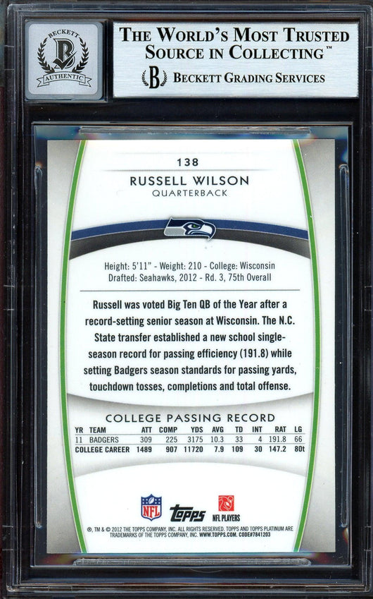 Russell Wilson Autographed 2012 Topps Platinum Rookie Card #138 Seattle Seahawks Auto Grade Gem Mint 10 Beckett BAS #13315616