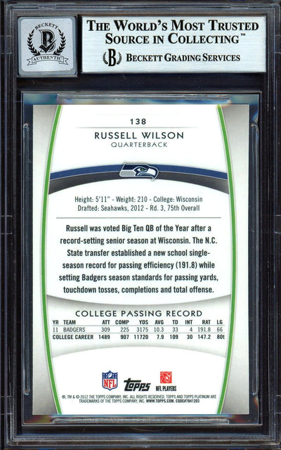 Russell Wilson Autographed 2012 Topps Platinum Rookie Card #138 Seattle Seahawks Auto Grade Gem Mint 10 Beckett BAS #13315617