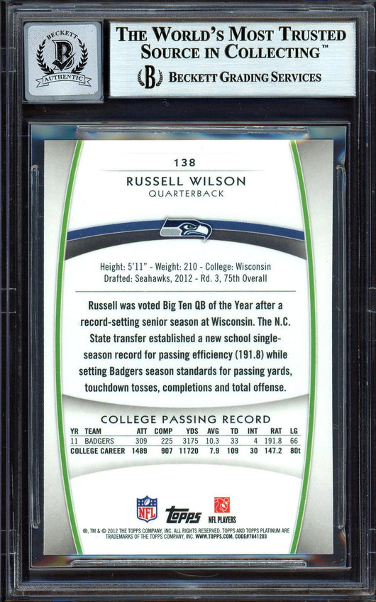 Russell Wilson Autographed 2012 Topps Platinum Rookie Card #138 Seattle Seahawks Auto Grade Gem Mint 10 Beckett BAS #13315617