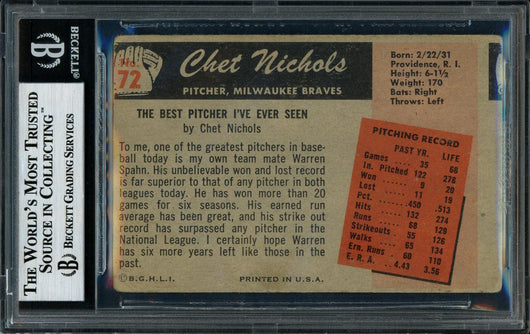 Chet Nichols Autographed 1955 Bowman Card #72 Milwaukee Braves Beckett BAS #11077276