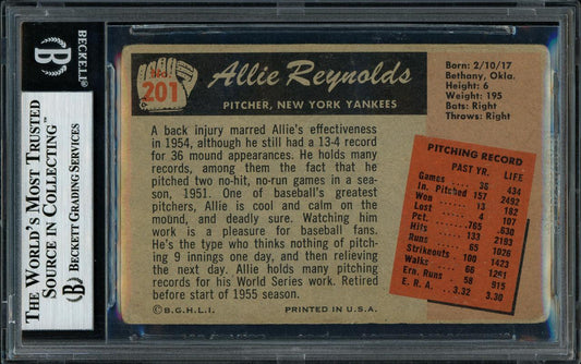 Allie Reynolds Autographed 1955 Bowman Card #201 New York Yankees Beckett BAS #11077303