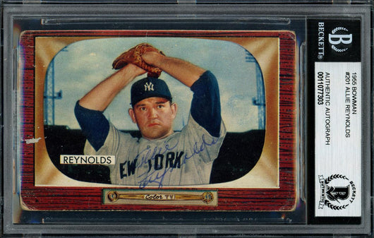 Allie Reynolds Autographed 1955 Bowman Card #201 New York Yankees Beckett BAS #11077303