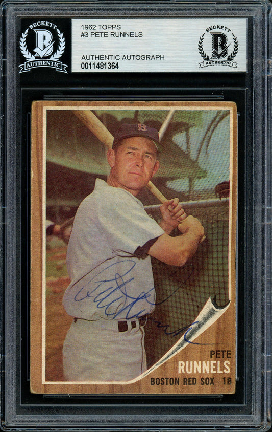 Pete Runnels Autographed 1962 Topps Card #3 Boston Red Sox Beckett BAS #11481364