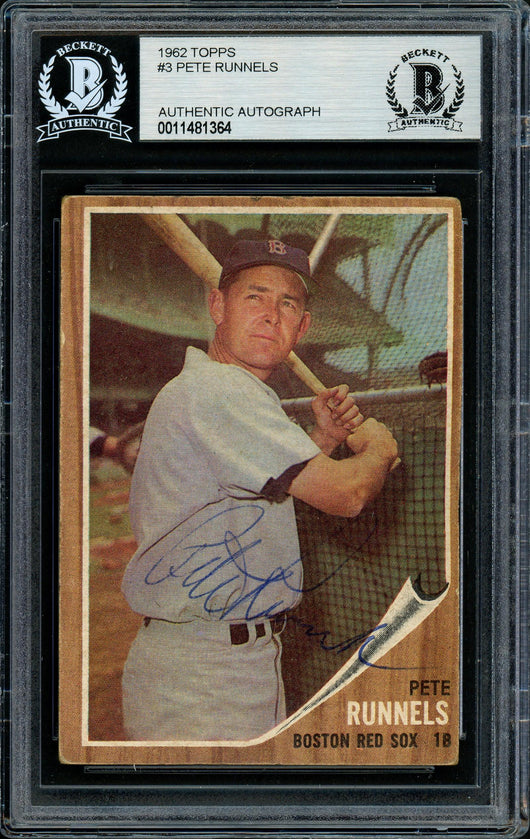 Pete Runnels Autographed 1962 Topps Card #3 Boston Red Sox Beckett BAS #11481364