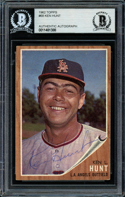 Ken Hunt Autographed 1962 Topps Card #68 Los Angeles Angels Beckett BAS #11481388