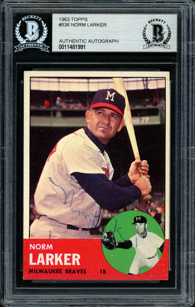 Norm Larker Autographed 1963 Topps High Number Card #536 Milwaukee Braves Beckett BAS #11481991