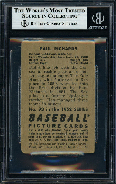 Paul Richards Autographed 1952 Bowman Rookie Card #93 Chicago White Sox Beckett BAS #11627883