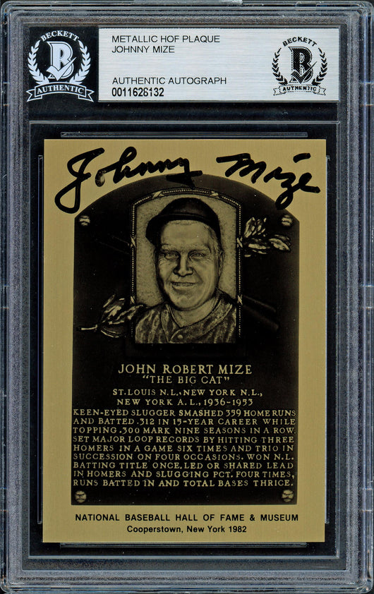 Johnny Mize Autographed 1982 Metallic HOF Plaque Card New York Yankees Beckett BAS #11628132