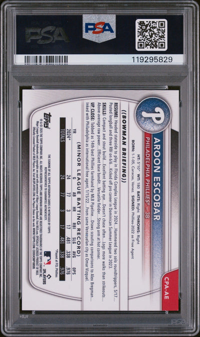2025 Bowman Chrome Prospect Autographs Orange Wave Aroon Escobar #CPAAE /25 PSA 9