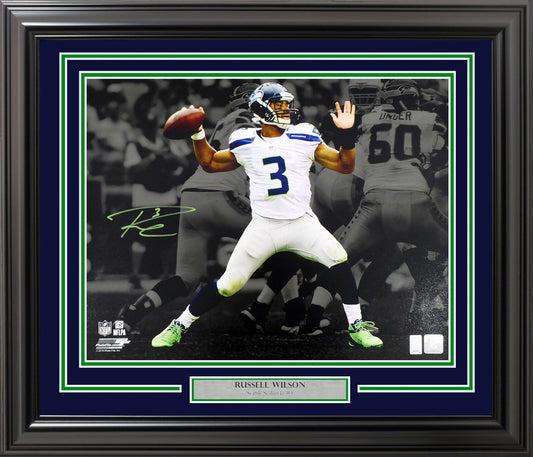 Russell Wilson Autographed Framed 16x20 Photo Seattle Seahawks 1st Game Spotlight RW Holo Stock #200372