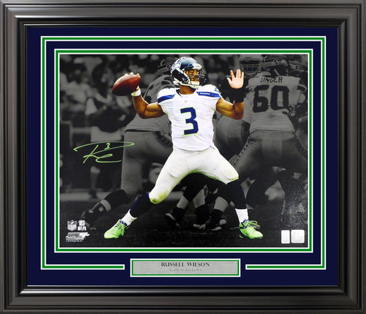 Russell Wilson Autographed Framed 16x20 Photo Seattle Seahawks 1st Game Spotlight RW Holo Stock #200372