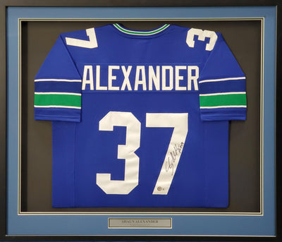 Seattle Seahawks Shaun Alexander Autographed Framed Blue Jersey Beckett BAS Stock #200433