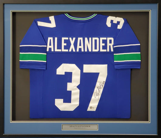 Seattle Seahawks Shaun Alexander Autographed Framed Blue Jersey Beckett BAS Stock #200433