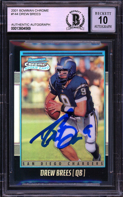 Drew Brees Autographed 2001 Bowman Chrome Refractor Rookie Card #144 San Diego Chargers Auto Grade Gem Mint 10 #1982/1999 Beckett BAS #13604569