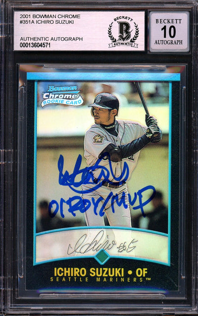 Ichiro Suzuki Autographed 2001 Bowman Chrome Refractor English Rookie Card #351 Seattle Mariners Auto Grade Gem Mint 10 "01 ROY/MVP" (Creases On Back) Beckett BAS #13604571