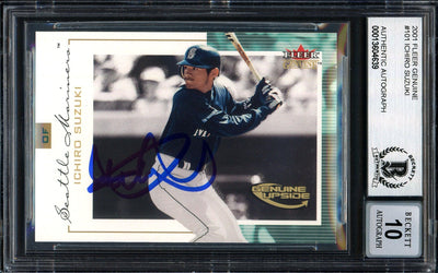 Ichiro Suzuki Autographed 2001 Fleer Genuine Rookie Card #101 Seattle Mariners Auto Grade Gem Mint 10 #469/1500 Beckett BAS #13604639