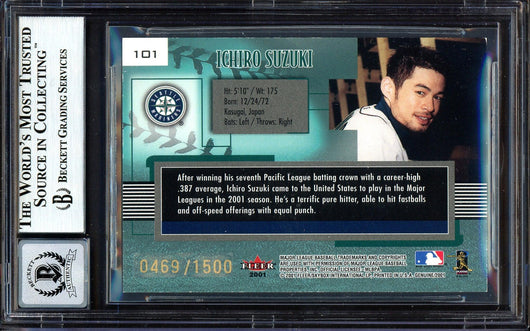 Ichiro Suzuki Autographed 2001 Fleer Genuine Rookie Card #101 Seattle Mariners Auto Grade Gem Mint 10 #469/1500 Beckett BAS #13604639