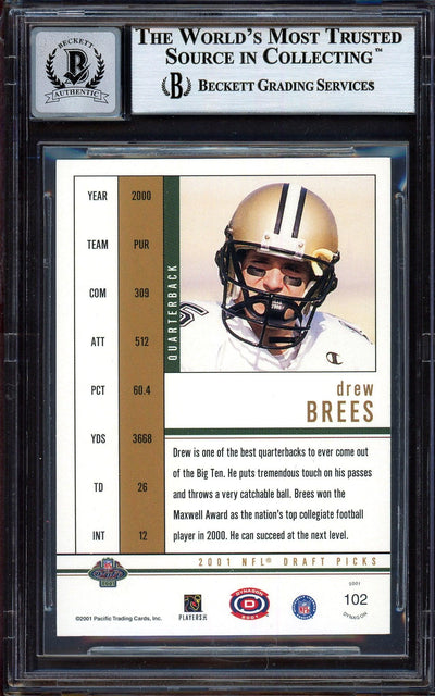 Drew Brees Autographed 2001 Pacific Dynagon Rookie Card #102 New Orleans Saints Auto Grade Gem Mint 10 Beckett BAS #13604660