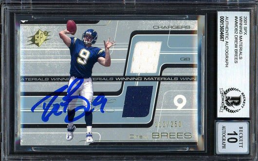 Drew Brees Autographed 2001 SPX Winning Materials Rookie Card #WM-DB2 San Diego Chargers Auto Grade Gem Mint 10 Jersey Relic 112/250 Beckett BAS #13604667