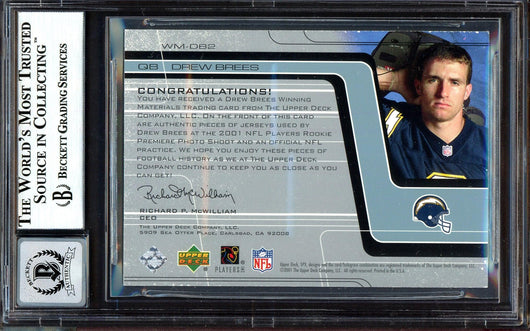 Drew Brees Autographed 2001 SPX Winning Materials Rookie Card #WM-DB2 San Diego Chargers Auto Grade Gem Mint 10 Jersey Relic 112/250 Beckett BAS #13604667