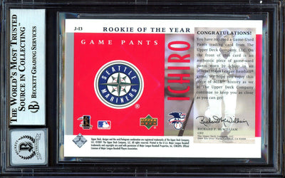 Ichiro Suzuki Autographed 2001 UD Game Used Jersey Card #J-13 Seattle Mariners Auto Grade Gem Mint 10 #10/100 Beckett BAS #13605078