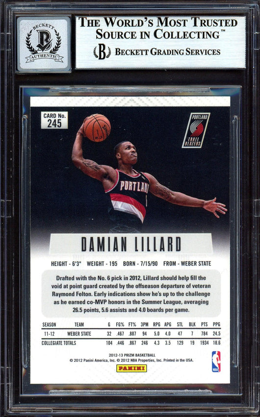 Damian Lillard Autographed 2012-13 Panini Prizm Rookie Card #245 Portland Trail Blazers Auto Grade Gem Mint 10 On Card Beckett BAS #13605097