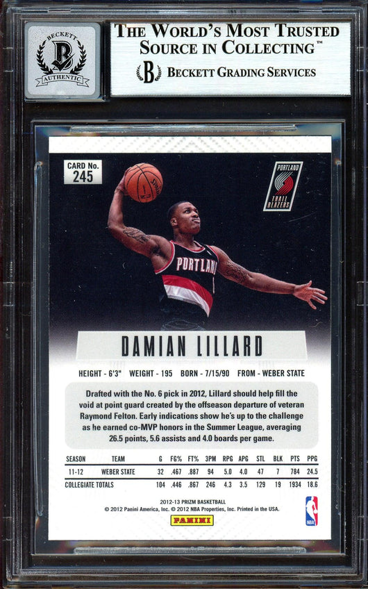 Damian Lillard Autographed 2012-13 Panini Prizm Rookie Card #245 Portland Trail Blazers Auto Grade Gem Mint 10 On Card Beckett BAS #13605091