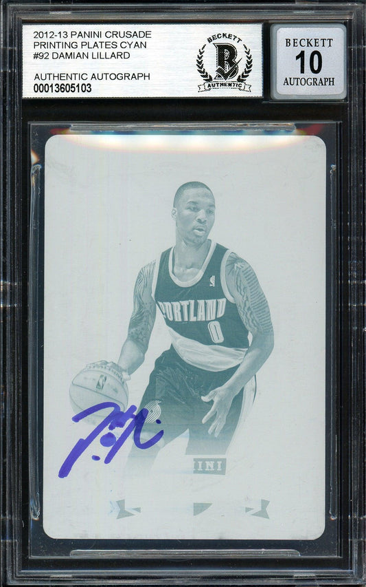 Damian Lillard Autographed 2012-13 Panini Crusade Printing Plate 1/1 Rookie Card #92 Portland Trail Blazers Auto Grade Gem Mint 10 Cyan Beckett BAS #13605103