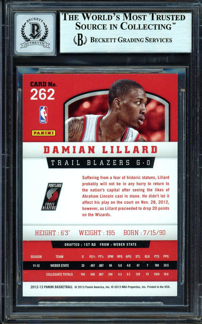 Damian Lillard Autographed 2012-13 Panini Rookie Card #262 Portland Trail Blazers Auto Grade Gem Mint 10 Beckett BAS #13605365