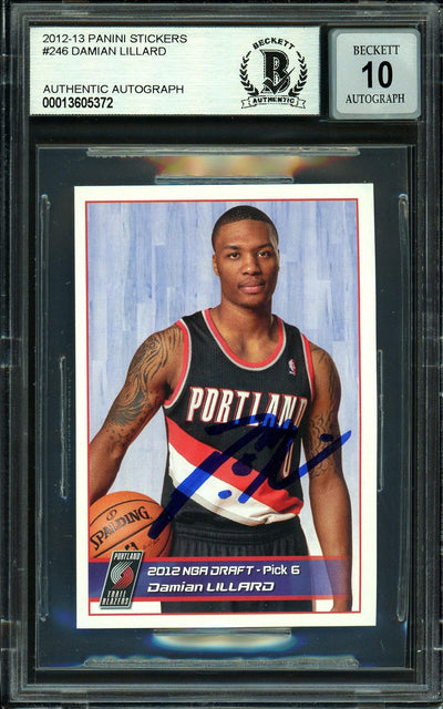 Damian Lillard Autographed 2012-13 Panini Stickers European Rookie Card #246 Portland Trail Blazers Auto Grade Gem Mint 10 Beckett BAS #13605372