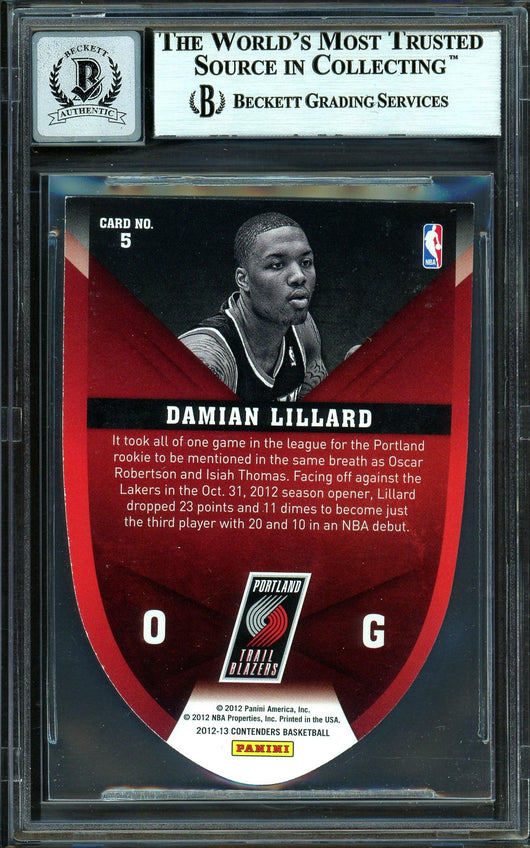 Damian Lillard Autographed 2012-13 Panini Contenders Rookie of the Year Rookie Card #5 Portland Trail Blazers Auto Grade Gem Mint 10 Beckett BAS #13605375