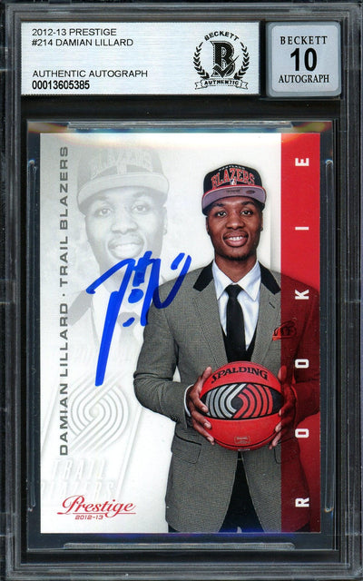 Damian Lillard Autographed 2012-13 Panini Prestige Rookie Card #214 Portland Trail Blazers Auto Grade Gem Mint 10 Beckett BAS #13605385