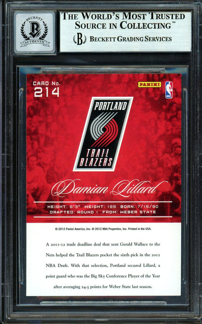 Damian Lillard Autographed 2012-13 Panini Prestige Rookie Card #214 Portland Trail Blazers Auto Grade Gem Mint 10 Beckett BAS #13605387