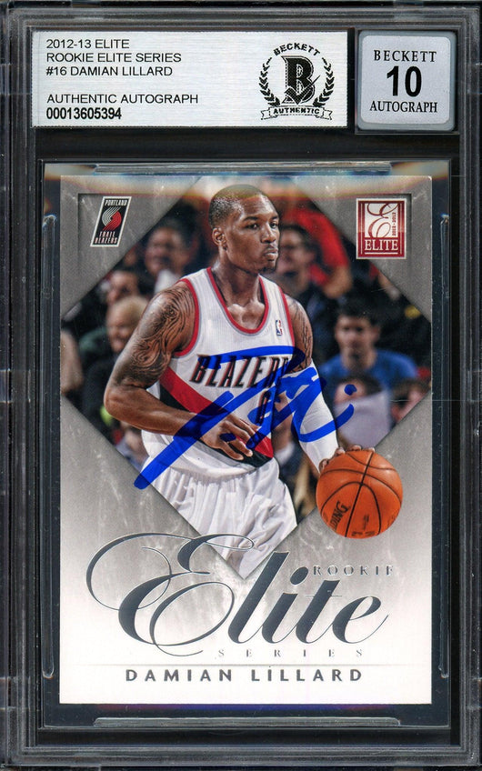 Damian Lillard Autographed 2012-13 Panini Elite Rookie Card #16 Portland Trail Blazers Auto Grade Gem Mint 10 Beckett BAS #13605394