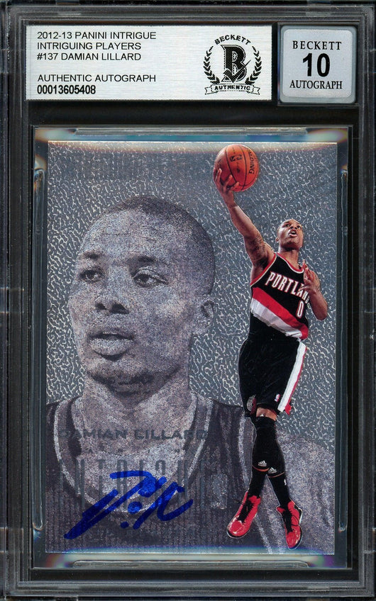 Damian Lillard Autographed 2012-13 Panini Intrigue Rookie Card #137 Portland Trail Blazers Auto Grade Gem Mint 10 Beckett BAS #13605408