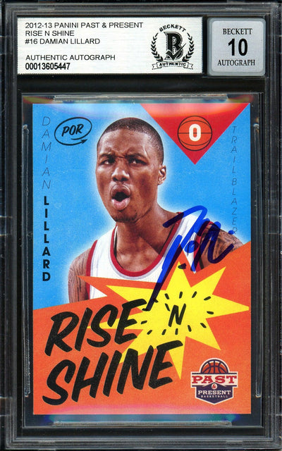 Damian Lillard Autographed 2012-13 Panini Past & Present Rise N Shine Rookie Card #16 Portland Trail Blazers Auto Grade Gem Mint 10 Beckett BAS #13605447