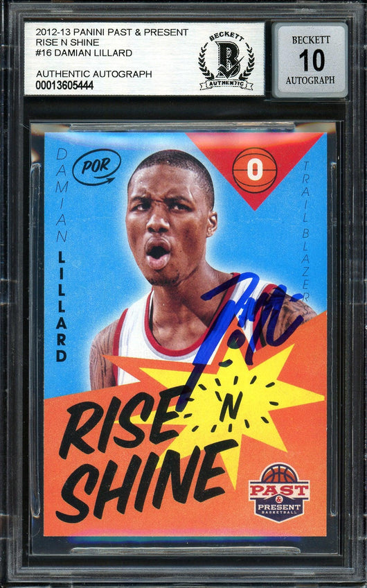Damian Lillard Autographed 2012-13 Panini Past & Present Rise N Shine Rookie Card #16 Portland Trail Blazers Auto Grade Gem Mint 10 Beckett BAS #13605444