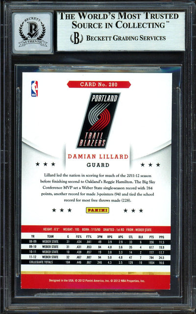 Damian Lillard Autographed 2012-13 Panini Hoops Glossy Rookie Card #280 Portland Trail Blazers Auto Grade Gem Mint 10 Beckett BAS #13605498