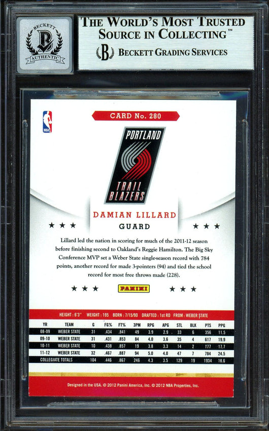 Damian Lillard Autographed 2012-13 Panini Hoops Glossy Rookie Card #280 Portland Trail Blazers Auto Grade Gem Mint 10 Beckett BAS #13605498