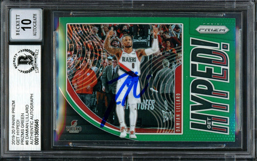 Damian Lillard Autographed 2019-20 Panini Prizm Get Hyped Green Card #8 Portland Trail Blazers Auto Grade Gem Mint 10 Beckett BAS #13605645