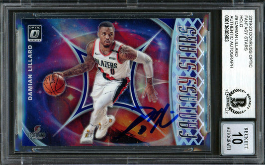 Damian Lillard Autographed 2019-20 Donruss Optic Fantasy Stars Card #9 Portland Trail Blazers Auto Grade Gem Mint 10 Beckett BAS #13605903
