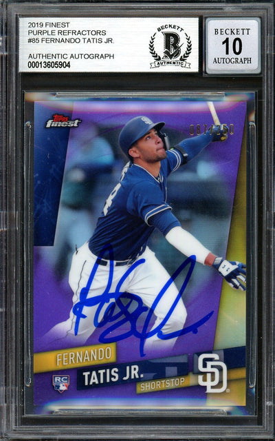 Fernando Tatis Jr. Autographed 2019 Topps Finest Purple Refractor Rookie Card #85 San Diego Padres Auto Grade Gem Mint 10 #87/250 Beckett BAS #13605904